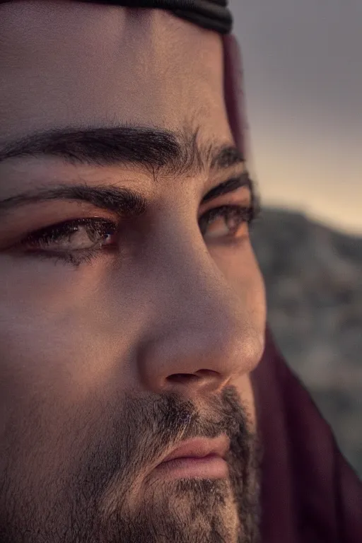 Prompt: a close - up photograph of an arab god, photorealistic, cinematic lighting