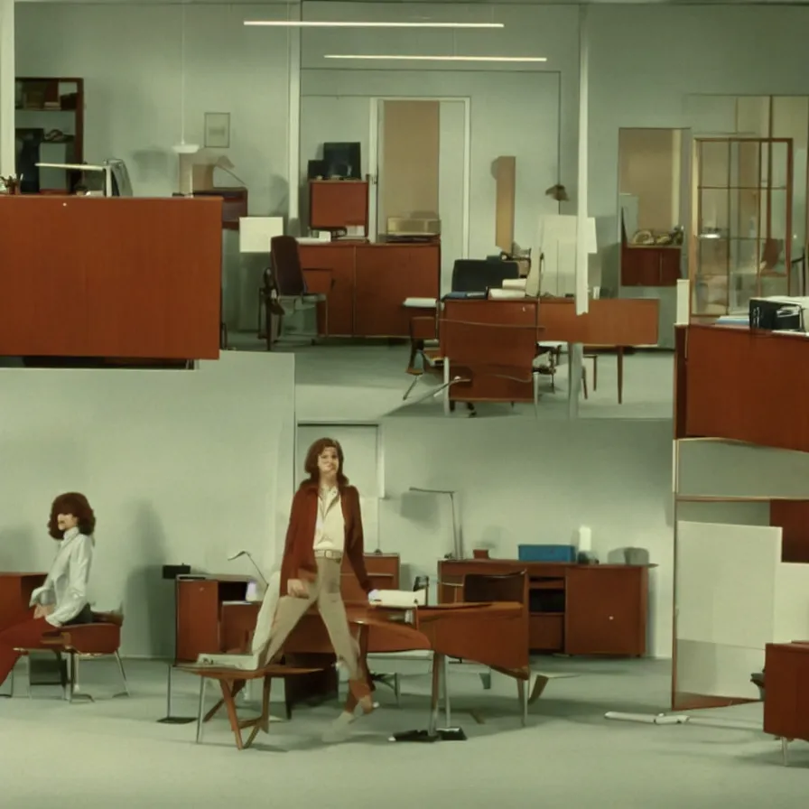 Image similar to a still of severance series indoor 7 0 s furniture office scenario appearing in a film of jacques tati