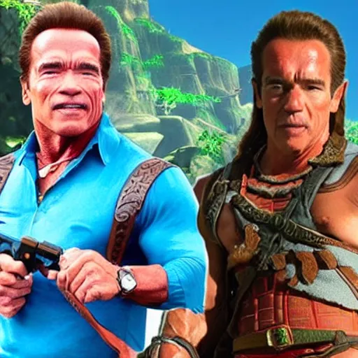 Image similar to Arnold Schwarzenegger in The Legend of Zelda Breath of the Wild