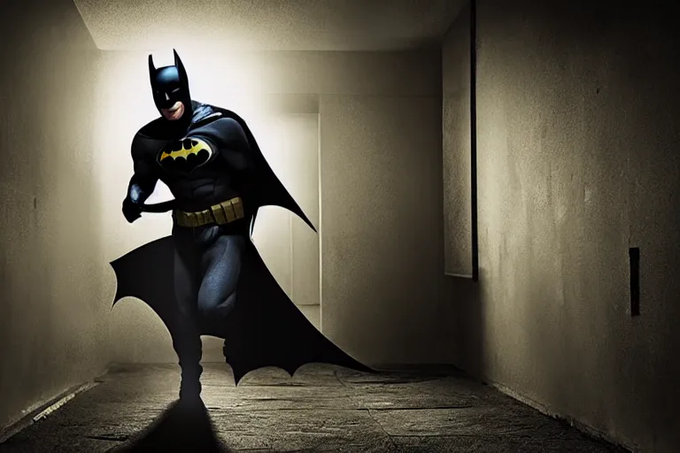 Prompt: batman covered in toilet paper, chasing through old brown decrepit hallway, creepy smile, atmospheric eerie lighting, photorealistic face, dim lighting, bodycam footage, motion blur, photography