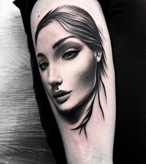 Image similar to tattoo design sketch of an extremely beautiful woman face with a stunning mountain view faded background on her side, hyper - realistic, double exposure, in the style of matteo pasqualin, amazing detail, black and white, faded