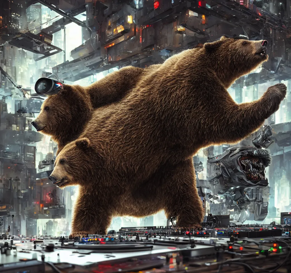 Image similar to a cyborg grizzly bear dj mixing records on stage, photorealistic, highly detailed, illustration, lifelike, highly detailed, intricate, octane render, sharp focus, cyberpunk,