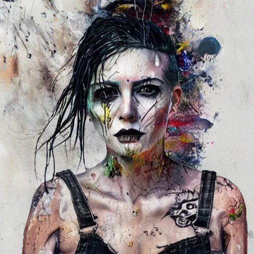 Prompt: full body pose, mixed media painting of a grungy skull woman with buzzed white hair, soft eyes and narrow chin, dainty figure, torn overalls, short shorts, combat boots, side boob, wet tshirt, wet, raining portrait, extremely hyper - detailed, intricate, epic composition, very detailed, masterpiece, stunning,