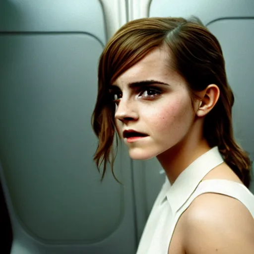 Image similar to emma watson, inside airplane, film still, fujifilm reala, low tonal contrast,