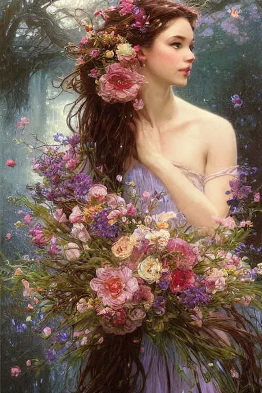 Image similar to portrait of a beautiful mysterious woman holding a large bouquet of flowing flowers, wet dripping long hair, hands disappeared under the bouquet, emerging from the water, fantasy, regal, intricate, by stanley artgerm lau, greg rutkowski, thomas kindkade, alphonse mucha, loish, norman rockwell