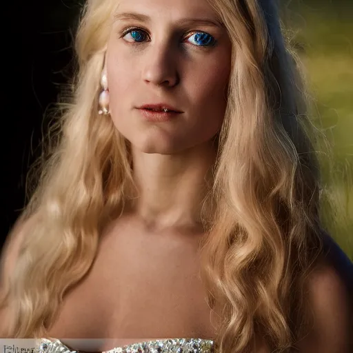 Image similar to close up headshot of a princess with long blonde hair and light blue eyes wearing a strapless elaborately beaded pink dress, high resolution film still, 8k, HDR color, film by Simon Langton and David Frankel, triangular face, slight freckles, round narrow chin, straight jawline, natural lips, high cheekbones