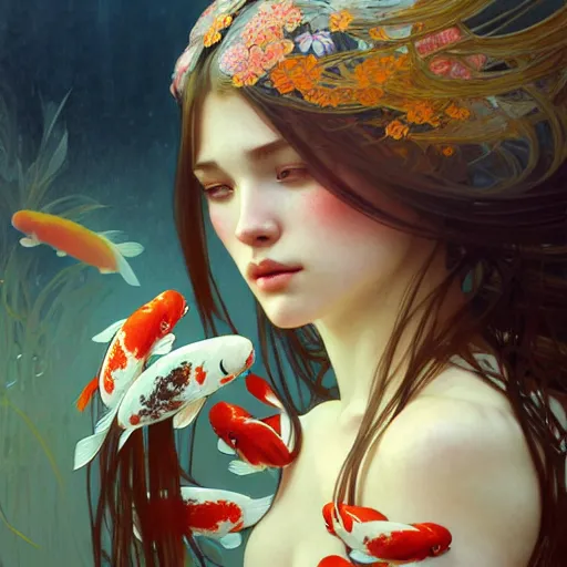 Image similar to Portrait of a girl surrounded by Koi fish, face, fantasy, intricate, elegant, highly detailed, digital painting, artstation, concept art, smooth, sharp focus, illustration, art by Krenz Cushart and Artem Demura and alphonse mucha