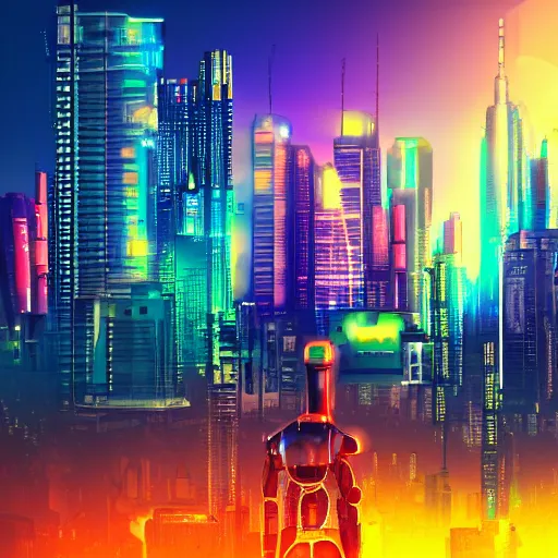 Prompt: cyberpunk robot in front of a colourful city with big skyscrapers, photo realistic