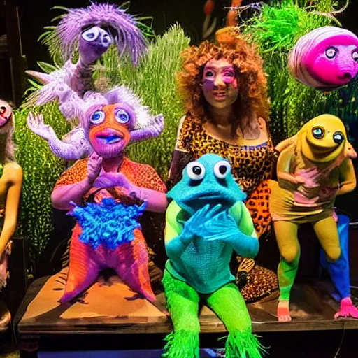 Image similar to a cast of aquatic puppets based on real fish and aiming to bring awareness to ocean pollution, in the style of muppets, in an aquarium, lighting from spongebob the musical on broadway, real, photograph, cinematic