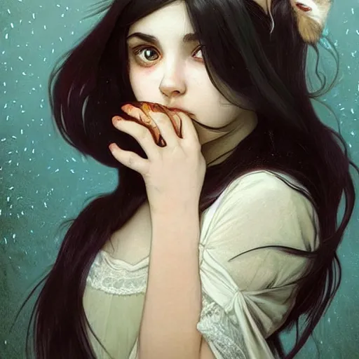 Image similar to emo girl and her cat, with long dark hair, thick eyebrows!!! deep dark big eyes and dark circles!, wide nose!!!, oval face shape, big cheeks! by juan villafuerte, greg rutkowski and alphonse mucha, pexels contest winner, high quality photo, rtx, hd