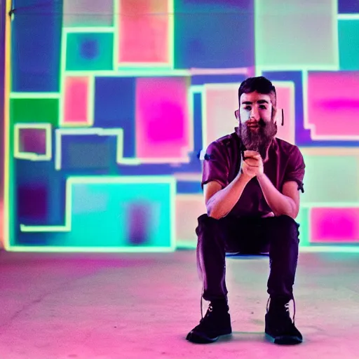 Image similar to a crowded party, a man is sitting in a corner by himself playing fortnite, pastel background colours and square lighting structures in the background. 2 0 0 mm, bokeh, kodak ektar 1 0 0, portrait photography,