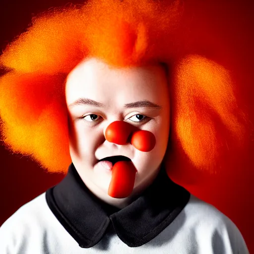 Image similar to portrait of down syndrome midget ronald mcdonald sharp focus, 4 k editorial photograph, soft lighting, black background