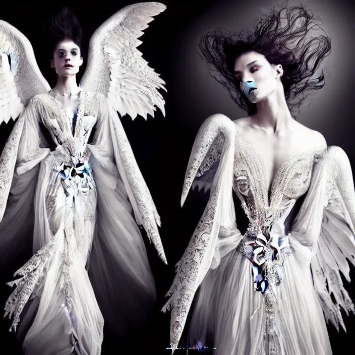 Image similar to photo portrait of a beautiful woman like a dark fallen angel, dressed in long elegant intricate ornamental white dress,intricate fractal ornament in the upper body intricate baroque ornament hair, fine art photography by Giovanni Gastel, professional studio colors lighting, volumetric lighting, dramatic colors scheme , hyper realistic photography in style of Vogue Fashion magazine