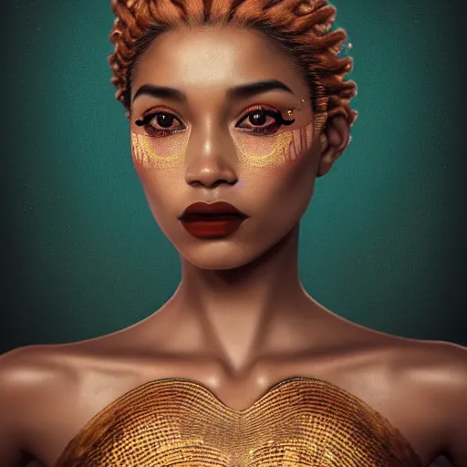 Prompt: vintage portrait of modern mermaid queen, zoom, rule of thirds, atmosphere, intricate, regal, latinas, ( brown skin ), symmetrical!!, loreal, maybelline, sephora, loreal, artstation, art by lee man fong, moody, ( ( cinematic ) ) concept art, filmic, vsco