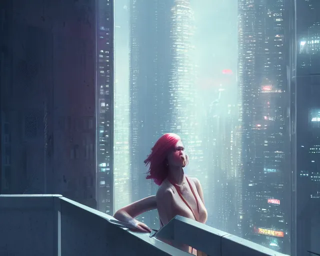 Prompt: 5 5 mm portrait photo of a beautiful young woman looking from a balcony. futuristic atmosphere. cyberpunk city. art by greg rutkowski. highly detailed 8 k. intricate. lifelike. soft light. nikon d 8 5 0.