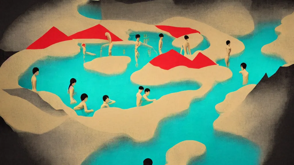 Image similar to japan natural hot spring, a collage painting, in the style of wes anderson, lola dupre, david hockney, isolated on negative space background dark monochrome neon spraypaint accents volumetric octane render