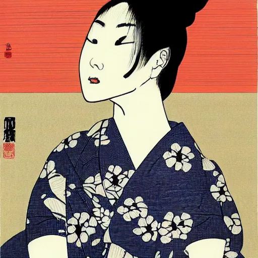 Prompt: Portrait of a beautiful Japanese woman by Toshio Saeki, high detailed