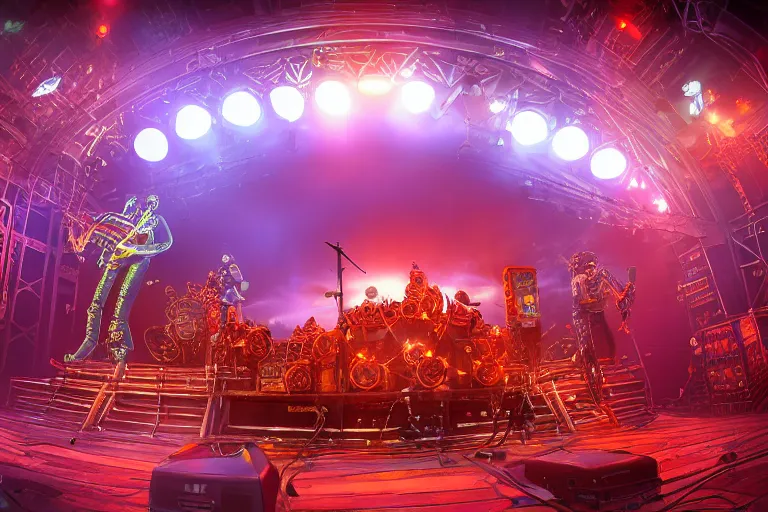 Prompt: a concert stage with audience, on stage is a rockband with 3 steampunk robots with guitars and drums, center of the stage is a big futuristic steampunk generator with gears and belts and tubes, laser show, 8 k, fluorescent colors, halluzinogenic, multicolored, exaggerated detailed, unreal engine