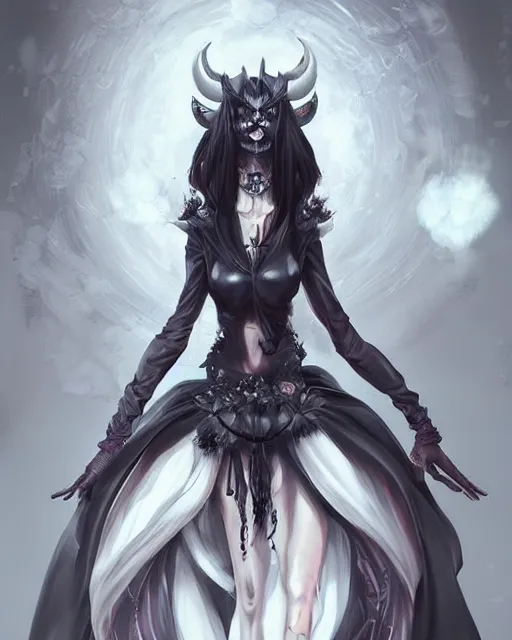 Image similar to Anime demon girl wearing haute couture by 'alexander mcqueen', art of ‘B.c.N.y.’ and artgerm and wlop, elegant, ominous, concept art, digital painting, highly detailed, intricate, trending on artstation