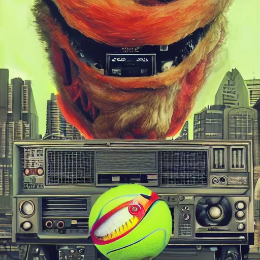 Image similar to a portrait of an anthropomorphic tennis ball monster by sandra chevrier, detailed render, tape deck, boombox, headphones, epic composition, cybernetics, 4 k realistic, cryengine, realistic shaded lighting, sharp focus, masterpiece, by matteo scalera, gary montalbano, peter elson in the style of the tokyo ghost comic