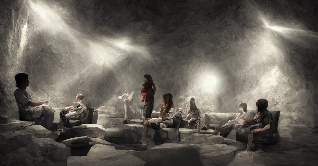 Image similar to human spirits sit in the cinema and watch reflections of their lives on screen of life illusion, projecting by volumetric light of consciousness, realistic, deep sense of spirituality, contrast shading, unreal engine, vray, style of chris mars and chris moore