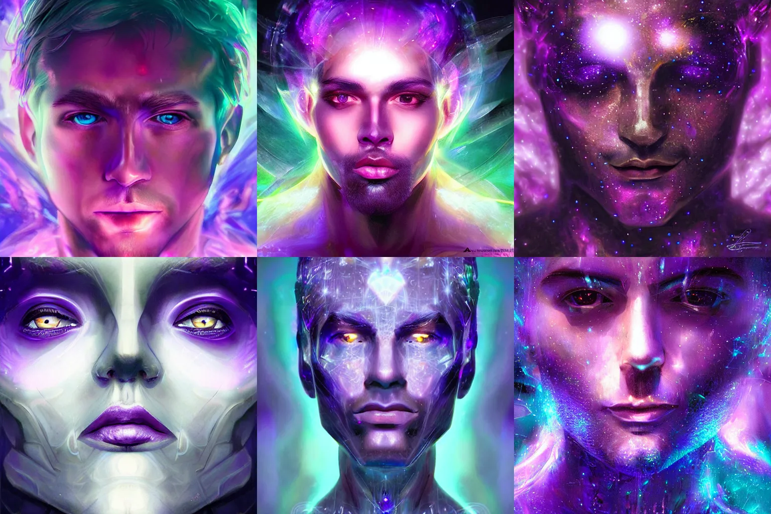 Prompt: closeup portrait of an ethereal man made of purple light, divine, cyberspace, mysterious, surrounded by crystals, gems, stalactites, art by Artgerm