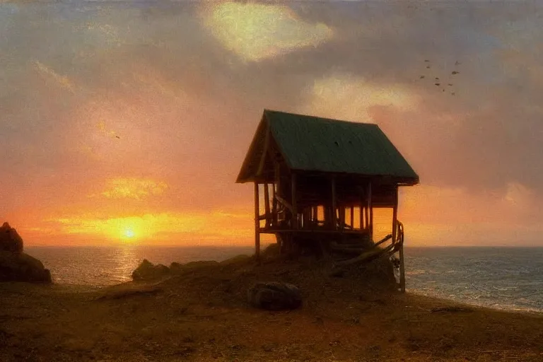 Image similar to sunset over a wooden cabin on the coast in the distance, sea, waves, oil painting, very detailed, colorful, cinematic lighting, albert bierstadt, theodor kittelsen, trending on artstation