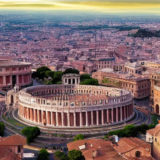 Image similar to realistic photo of a city that resembles rome during the height of the Roman Empire, 8k, wide shot, clear blue sky