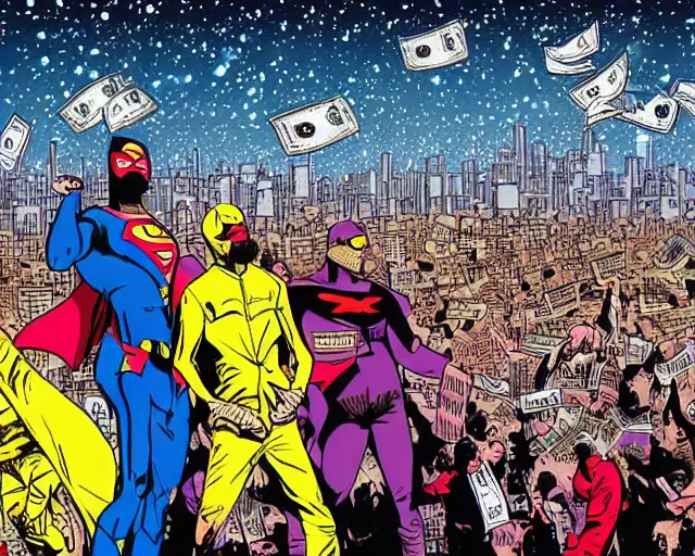 Prompt: rappers in superhero costumes looking at the sky. a swarm of money in the city. people running for their lives. terrorist attack. it's raining money. game show. ecstacy