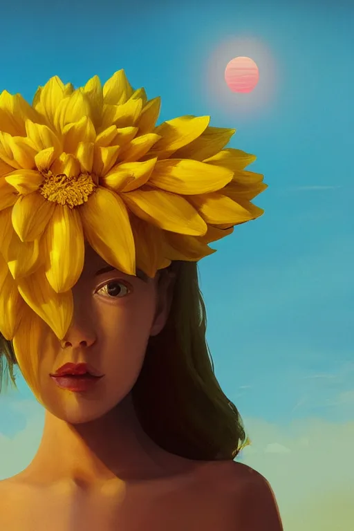 Image similar to closeup girl with huge yellow dahlia flower face, beach, surreal photography, blue sky, sunrise, dramatic light, impressionist painting, digital painting, artstation, simon stalenhag