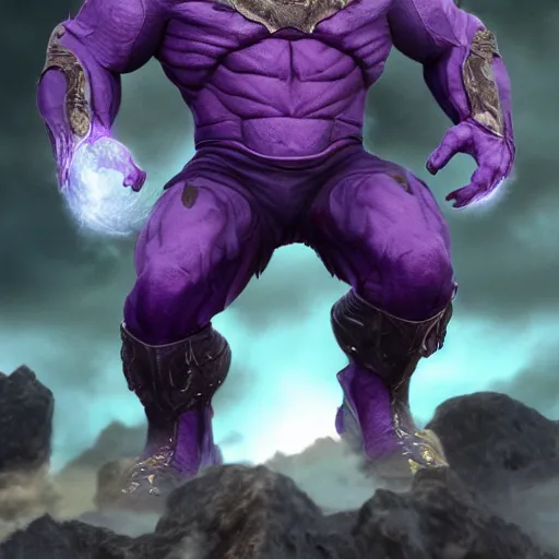 Image similar to thanos, purple skin, josh brolin, clerical clothes, full body shot, realistic, highly detailed