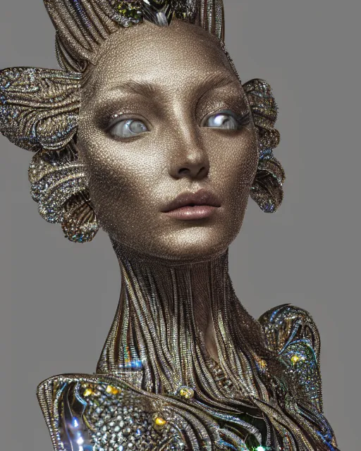 Image similar to a highly detailed metahuman 4 k close up render of an alien goddess bella hadid monument ethereal in iris van herpen dress schiaparelli in diamonds crystals swarovski and jewelry iridescent in style of alphonse mucha gustav klimt trending on artstation made in unreal engine 4