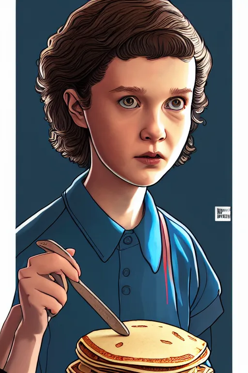 Image similar to eleven from stranger things making pancakes, animation pixar style, by pendleton ward, magali villeneuve, artgerm, rob rey and kentaro miura style, golden ratio, trending on art station