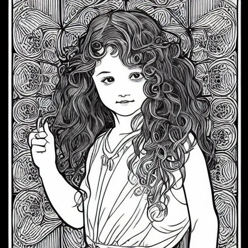 Image similar to clean simple line art of a little girl with wavy curly hair. no background. well composed, clean coloring book page, beautiful detailed face. coloring book line art by greg rutkowski and johanna basford and alphonse mucha