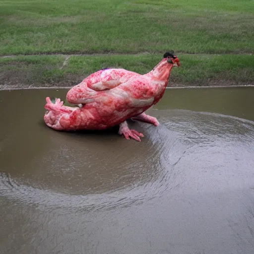 Image similar to the world\'s largest raw chicken going down a slip \'n\' slide