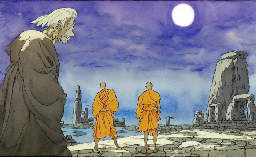 Image similar to a hyperrealist studio ghibli watercolor fantasy concept art. in the foreground is a giant monk in a grey robe lifting a stone. in the background is stonehenge. the scene is underwater on the sea floor. by rebecca guay, michael kaluta, charles vess