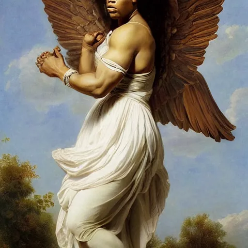 Prompt: Portrait of Serena Williams with wings as Nike Goddess standing proud, large wings, luxuriant, dreamy, eternity, romantic, strong pose, highly detailed, in the style of Franz Xaver Winterhalter, highly detailed, in the style of Aetherpunk