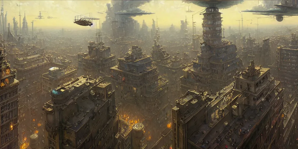 Image similar to steampunk airship above a busy city, exquisite details, denoised, mid view, by norman rockwell, karl kopinski, artsation, greg rutkowski, makoto shinkai, takashi takeuchi, studio ghibli