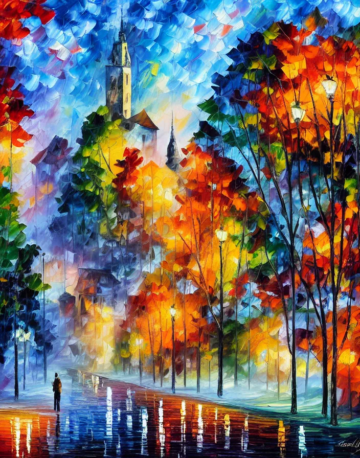 Image similar to a building in a stunning landscape by Leonid Afremov