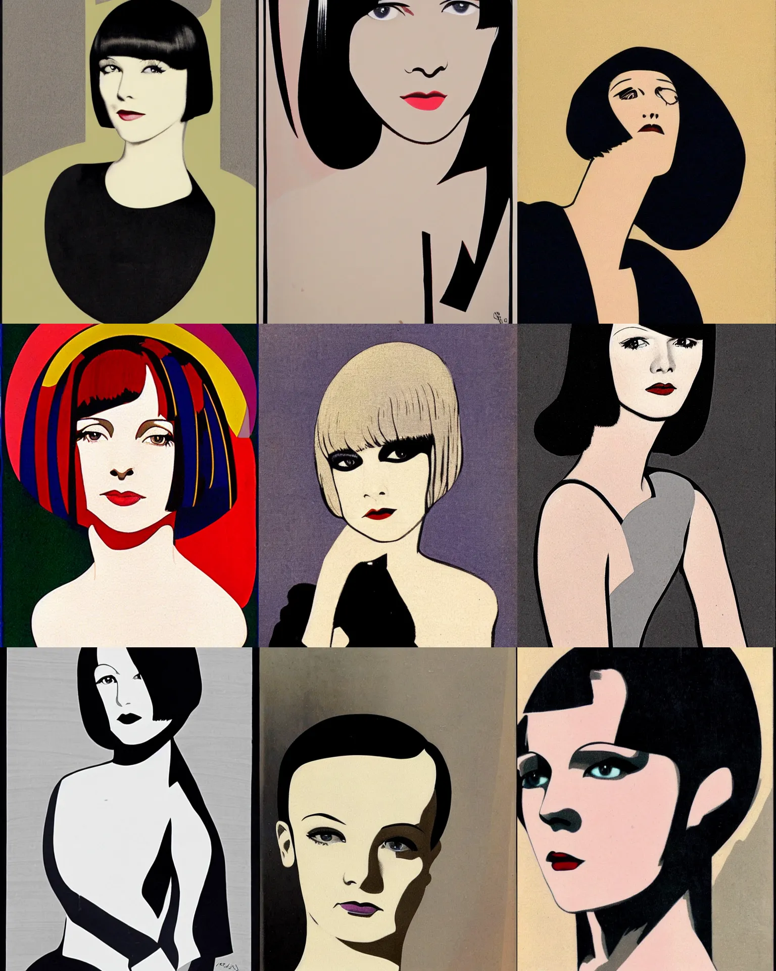 Prompt: Mary Louise Brooks fused with Samantha Marie Sprackling 25 years old, bob haircut, portrait by Patrick Nagel, 1920s,