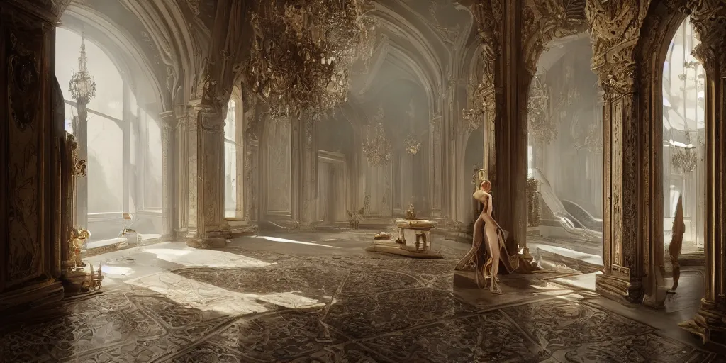 Prompt: in the bathroom of an incredible palace with the beautiful Natalia Vodianova, Raphaël Lacoste, matte painting, artstation