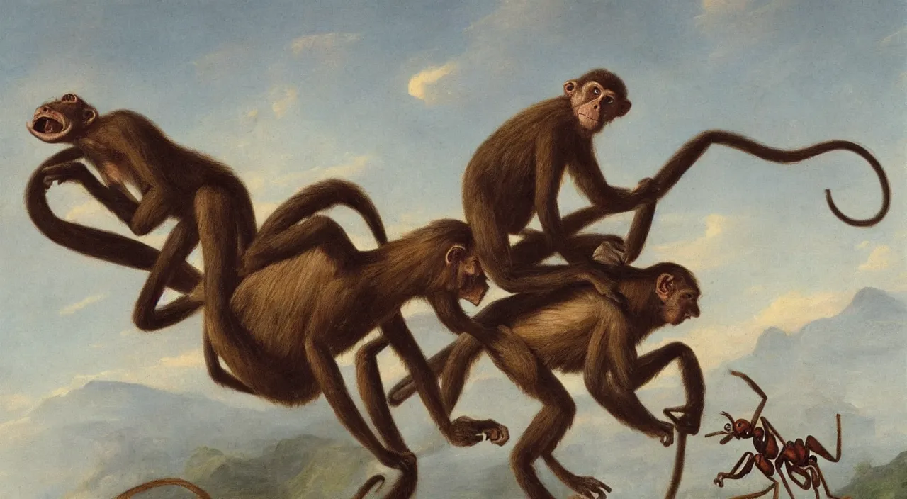 Image similar to a monkey riding a giant ant, by most renowned artist of the romanticism, hiperrealism,