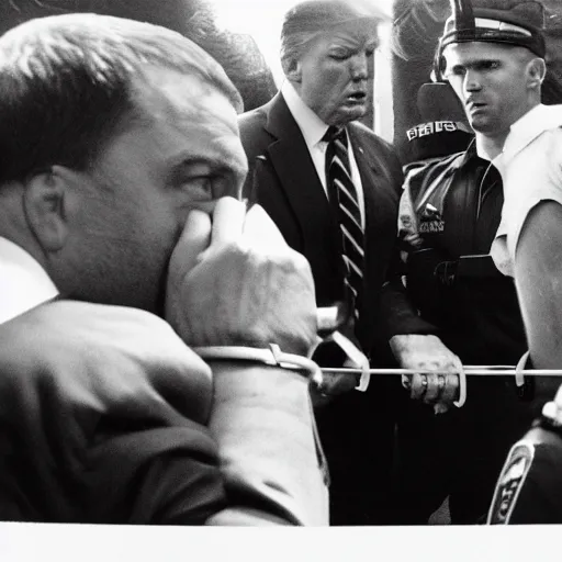 Image similar to candid ap press photo of president trump in handcuffs being arrested by fbi agents, escorting him into a police car, 3 5 mm lens, highly detailed portrait, 4 k uhd, sony camera, f / 2 2