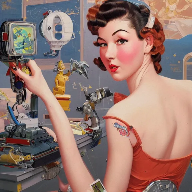 Image similar to robot artist painting a self - portrait on a canvas. intricate, highly detailed, digital matte painting, in the style of sachin teng, and in the style of gil elvgren. irony, recursion, inspiration.