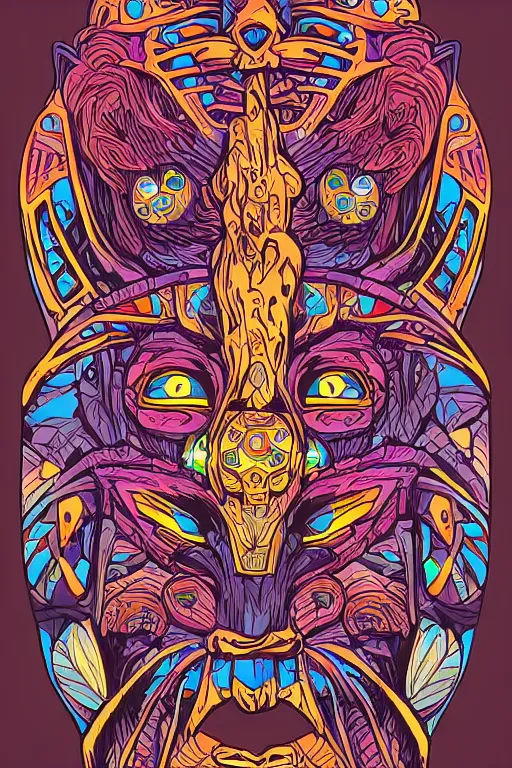 Image similar to animal mask totem roots flower tribal feather gemstone plant wood rock shaman vodoo video game vector cutout illustration vivid multicolor borderlands comics by josan gonzales and dan mumford radiating a glowing aura