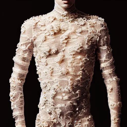 Image similar to a portrait of a beautiful young male wearing an alexander mcqueen bodysuit made of rock lace , photographed by andrew thomas huang, artistic