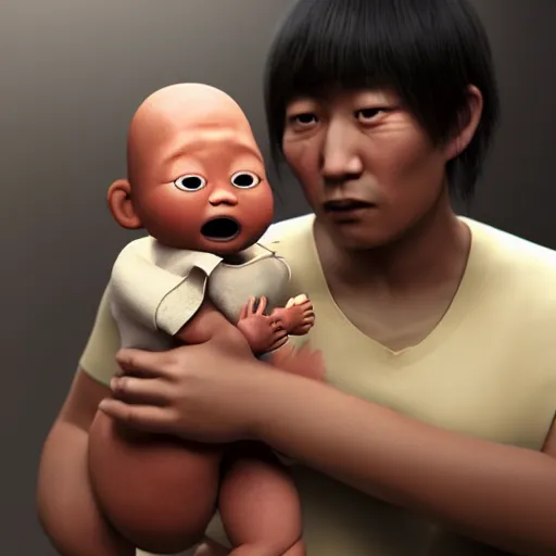 Image similar to a shocked asian man holds dark skinned baby at hospital, he can ’ t believe his eyes, award winning art, pixar, 3 d render, unreal engine