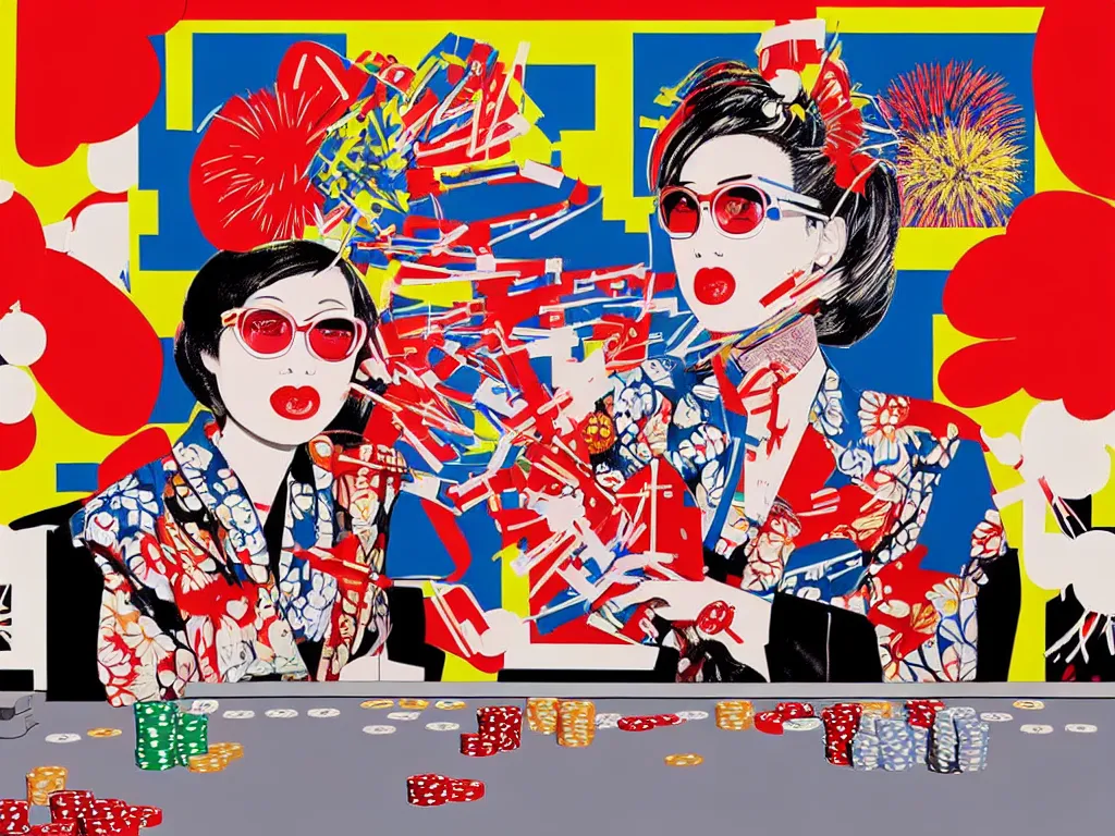 Image similar to hyper - realistic composition of a room with an extremely detailed poker table, croupier in traditional japanese kimono standing nearby fireworks in the background, pop art style, jackie tsai style, andy warhol style, acrylic on canvas