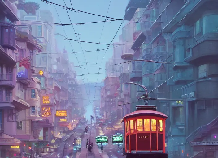 Image similar to a cable car is flying on the street of san francisco, unreal engine, fantasy art by greg, loish, rhads, ferdinand knab, tom bagshaw, makoto shinkai and lois van baarle, rossdraws, ilya kuvshinov, night lighting, trending on studio ghibli, highly detailed, 8 k, octane render