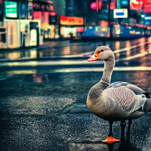 Prompt: a high quality low wide angle photo of a Greylag Goose on the streets of a cyberpunk city, rainy, reflective ground, neon lights, realism, 8k